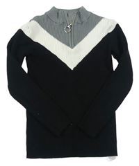Černo-šedo-bílý žebrovaný svetr se zipem Primark