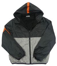Černo-šedá šusťáková jarní bunda s oranžovými pruhy a kapucí Pep&Co
