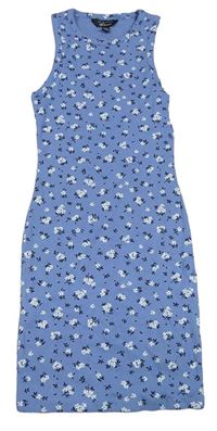Modré květované žebrované elastické šaty New Look