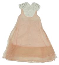 Růžovo-bílé tylovo/krajkové šaty s perlami