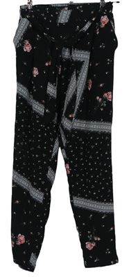 Dámské černé květované volné kalhoty s páskem Primark 
