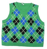 Zeleno-modro-černá károvaná pletená vesta