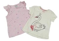2set- Krémové tričko s labutí + Růžový květovaný top 