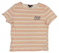 Růžovo-bílo-žluté pruhované žebrované crop tričko s nápisem New Look