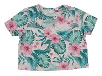 Světlerůžové květinové crop tričko s listy Shein