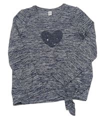 Tmavomodro-šedý melírovaný pletený lehký svetr se srdcem z flitrů Yigga