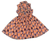 Oranžovo-tmavomodré vzorované šifonové šaty s límečkem George