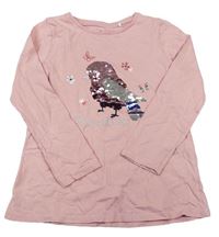 Růžové triko s ptáčkem s překlápěcími flitry Topolino
