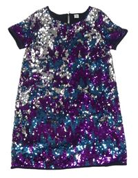 Černo-tyrkysovo-purpurovo-stříbrné flitrové slavnostní šaty Tu