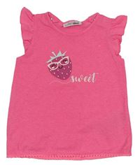 Křiklavě růžové melírované tričko s jahůdkou a volánky Ergee