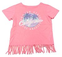 Korálové melírované tričko s palmami z flitrů a nápisy a třásněmi  PRIMARK