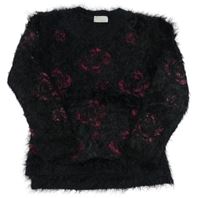 Černý chlupatý svetr s kytičkami Matalan