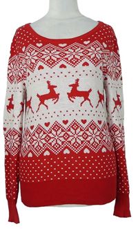 Dámský červeno-bílý vzorovaný svetr s jeleny 