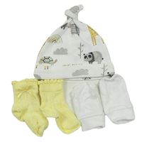 3set- Bílá čepice se zvířátky + žluté ponožky + Bílé novorozenecké rukavice Next