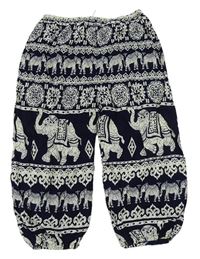 Tmavomodro-smetanové vzorované capri lehké kalhoty se sloníky