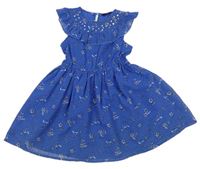 Zvonkově modré puntíkaté šifonové šaty s kytičkami a volánkem s flitry George