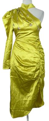 Dámské žluté saténové asymetrické koktejlové šaty s korálky