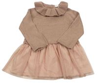 Starorůžovo-pudrové svetrové vlněné šaty s tylovou sukní a límečkem zn. H&M