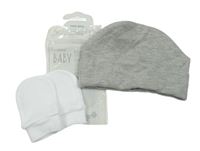 2set - Šedá melírovaná bavlněná čepice + bílé rukavičky