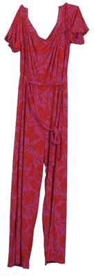 Dámský růžovo-červený květovaný kalhotový overal s páskem Et Vous 