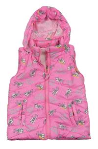 Neonově růžová šusťáková zateplená vesta se zebrami a kapucí 