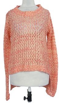 Dámský korálovo-smetanový melírovaný háčkovaný svetr 
