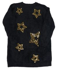 Černý chlupatý dlouhý svetr s hvězdičkami z flitrů Threadgirls