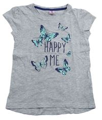 Šedé melírované tričko s nápisem a motýlky Kiki&Koko