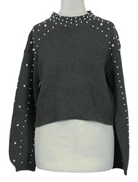 Dámský šedý crop svetr s perličkami Shein 