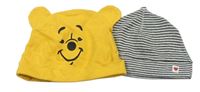 2x - Pruhovaná + žlutá bavlněná čepice - medvídek Pú