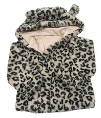 Starorůžovo-šedý chlupatý podšitý kabátek s leopardím vzorem a kapucí Tu