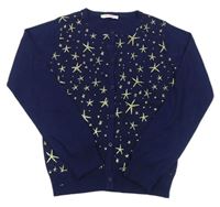 Tmavomodrý propínací vlněný svetr s hvězdami