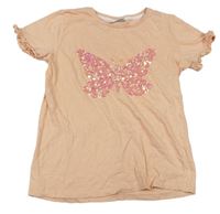 Meruňkové tričko s motýlem z flitrů Matalan