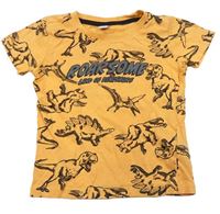 Oranžové tričko s dinosaury a nápisem Dopodopo