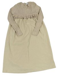 Béžové pleteno/sametové šaty s volánem