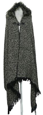 Dámské černo-béžové melírované svetrové pončo s kapucí 