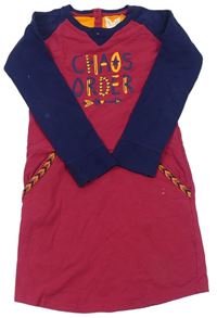 Malinovo-tmavomodré teplákové šaty s nápisem a klokankou  
