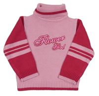 Světlerůžovo-růžový pletený svetr s nápisem a rolákem 