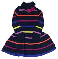 Tmavomodro-barevné pruhované žebrované svetrové šaty s rolákem a mašlí