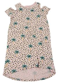 Světlerůžové bavlněné šaty s palmami a puntíky