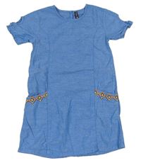 Modro-barevné melírované plátěné šaty s výšivkou zn. Pepperland