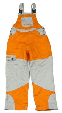 Oranžovo-světlešedé riflové pracovní laclové kalhoty s kapsou