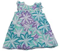 Tyrkysovo-bílo-fialové květované plátěné šaty GAP 