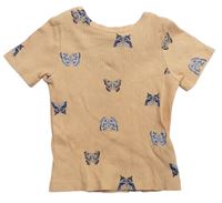 Meruňkové žebrované tričko s motýly