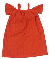 Červené plátěné šaty s výšivkou a volnými rameny Primark