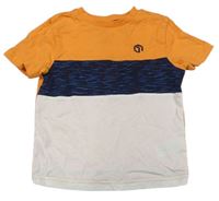 Oranžovo-tmavomodro-bílé tričko s potiskem F&F