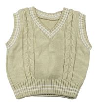 Béžová pletená vesta s copánkovým vzorem a bílými pruhy  