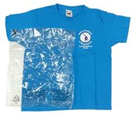 Modré tričko s gymnastkou a nápisy FRUIT of the LOOM