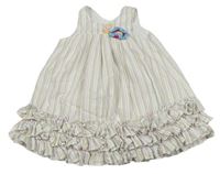 Bílo-barevné proužkované krepové šaty s volánky 