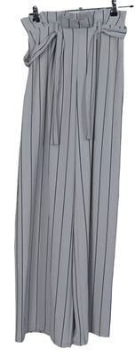 Dámské šedé pruhované palazzo kalhoty s páskem 